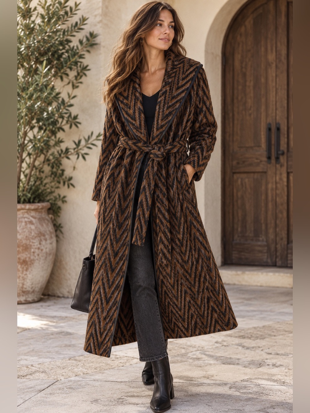 Soft Surroundings Chamonix Duster Medium Wool Blend Chevron Belt Long Coat Brown
